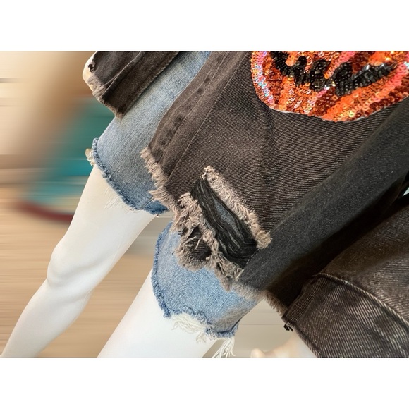sequin pumpkin distressed denim top M L XL - Picture 8 of 10